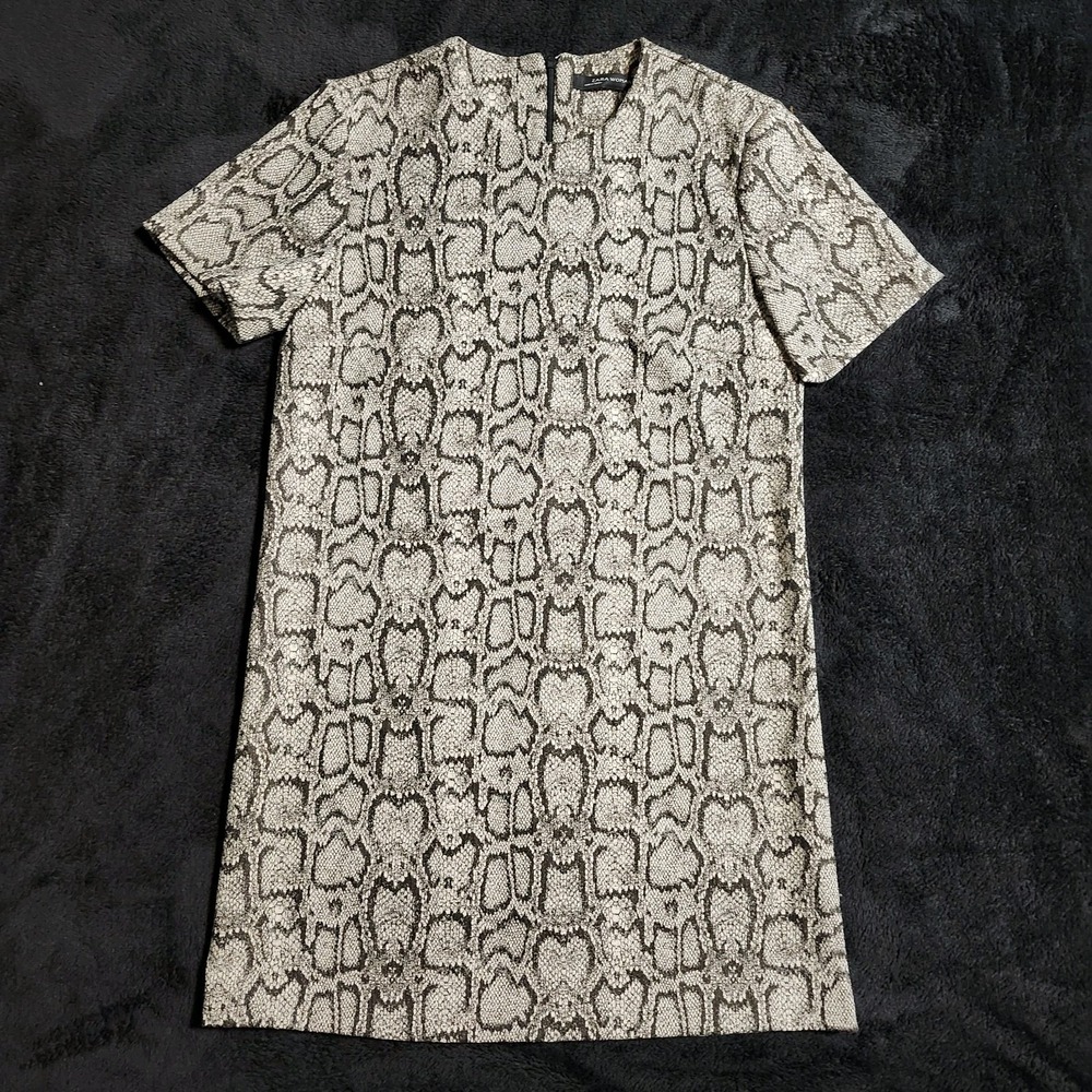 Zara Woman Snakeskin Textured Short Sleeve Round Neck Shift Dress Brown XS